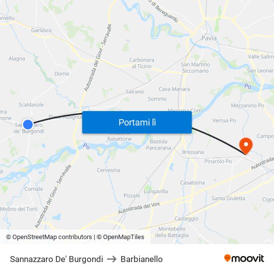 Sannazzaro De' Burgondi to Barbianello map