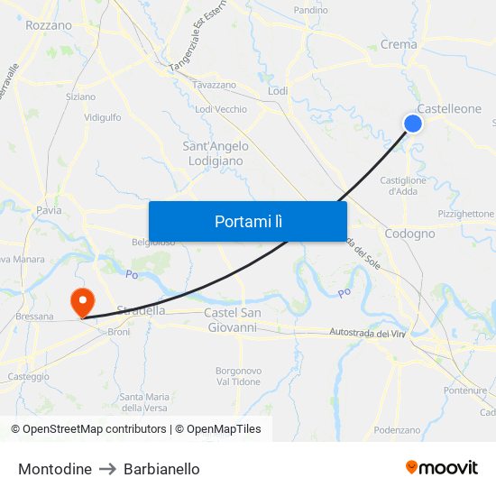 Montodine to Barbianello map