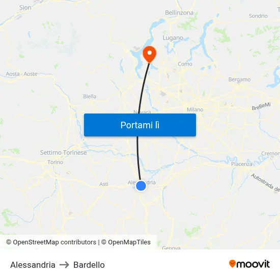 Alessandria to Bardello map