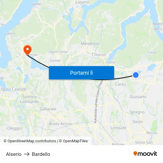 Alserio to Bardello map