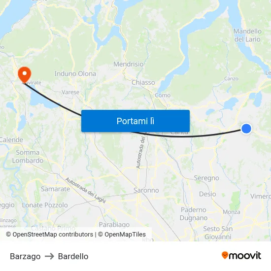 Barzago to Bardello map