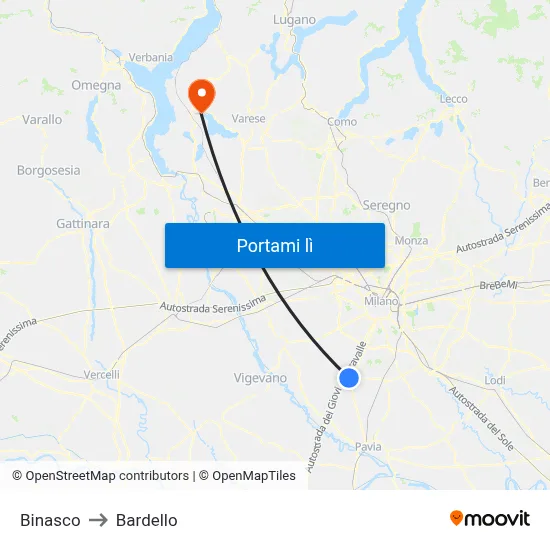 Binasco to Bardello map