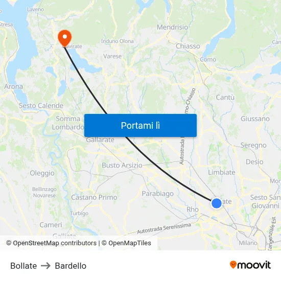 Bollate to Bardello map