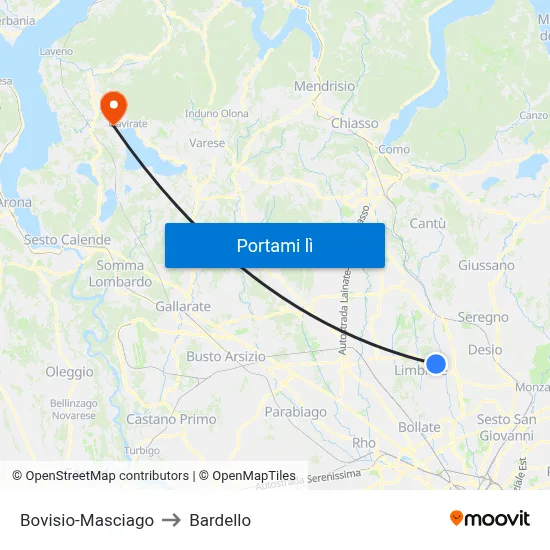 Bovisio-Masciago to Bardello map