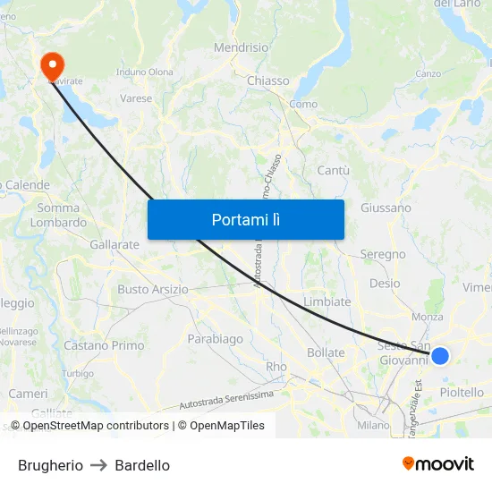 Brugherio to Bardello map