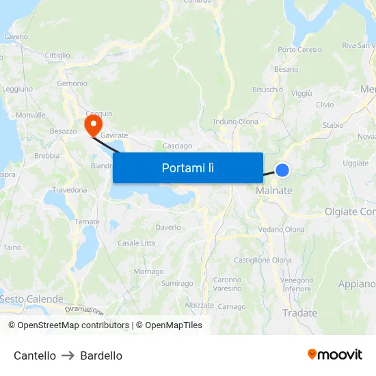 Cantello to Bardello map