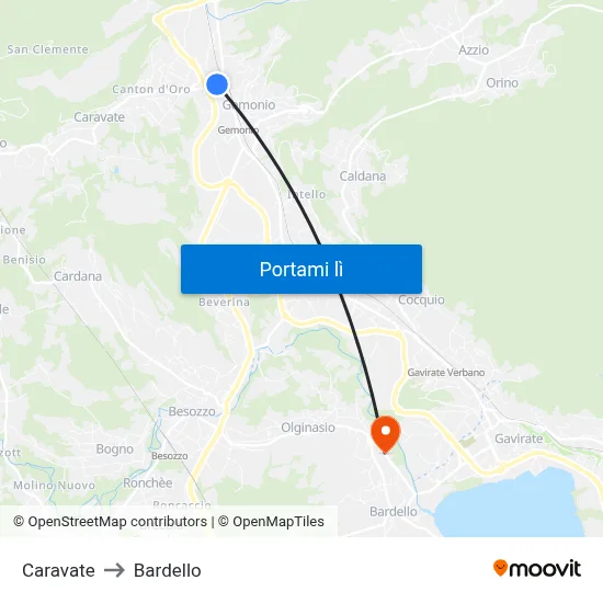 Caravate to Bardello map