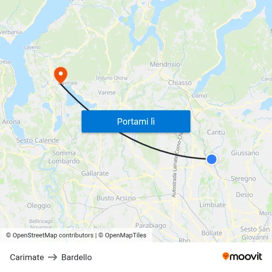 Carimate to Bardello map