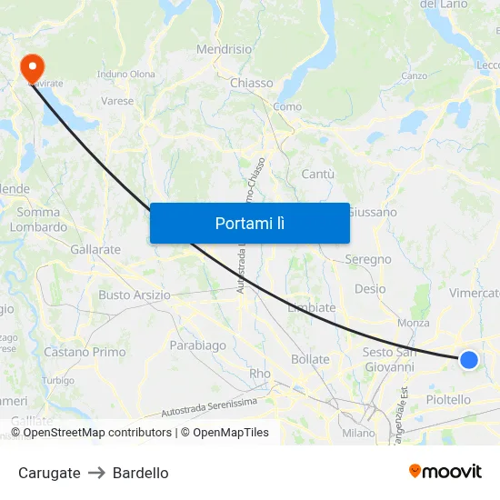 Carugate to Bardello map