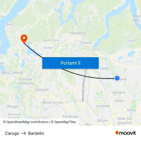 Carugo to Bardello map