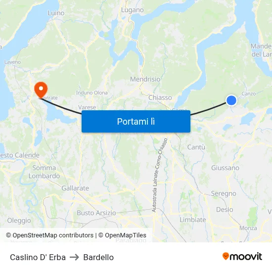 Caslino D' Erba to Bardello map