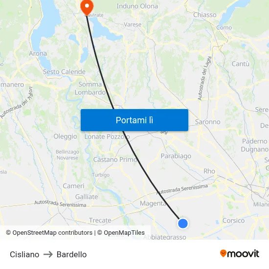 Cisliano to Bardello map