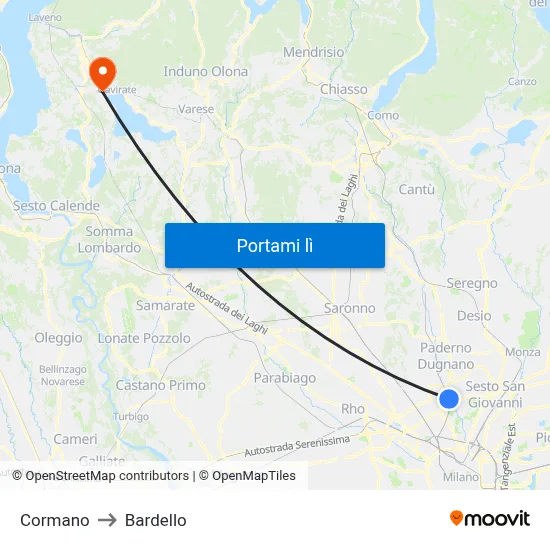 Cormano to Bardello map