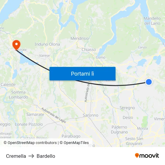 Cremella to Bardello map