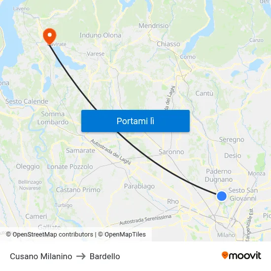 Cusano Milanino to Bardello map
