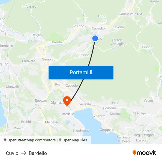 Cuvio to Bardello map