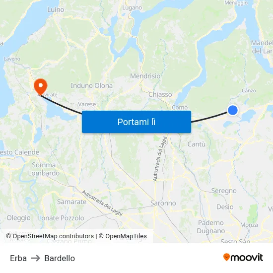 Erba to Bardello map