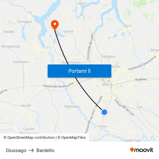 Giussago to Bardello map