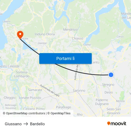 Giussano to Bardello map