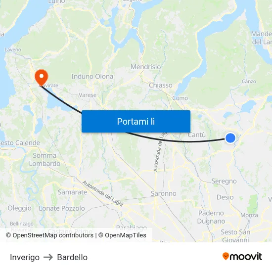 Inverigo to Bardello map