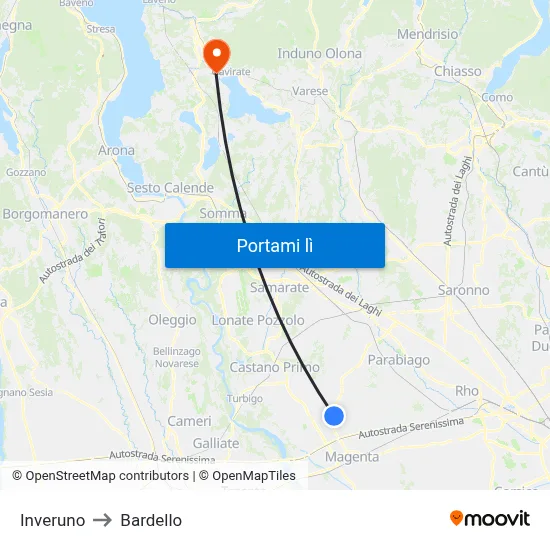 Inveruno to Bardello map