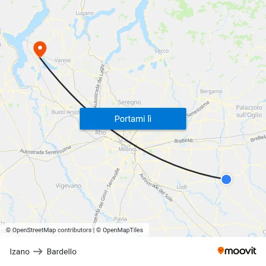 Izano to Bardello map