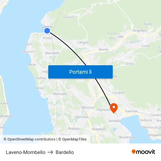 Laveno-Mombello to Bardello map