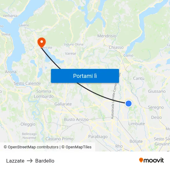 Lazzate to Bardello map