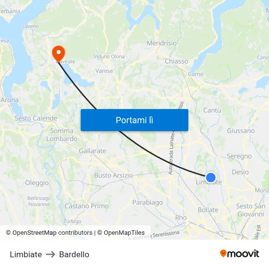 Limbiate to Bardello map