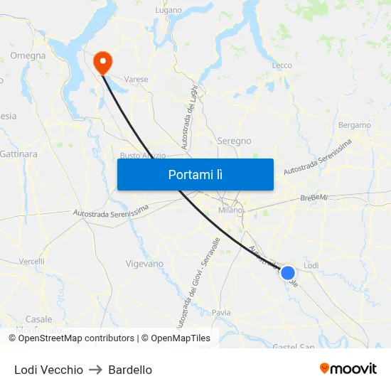 Lodi Vecchio to Bardello map