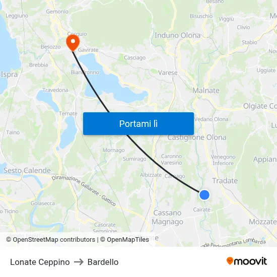 Lonate Ceppino to Bardello map