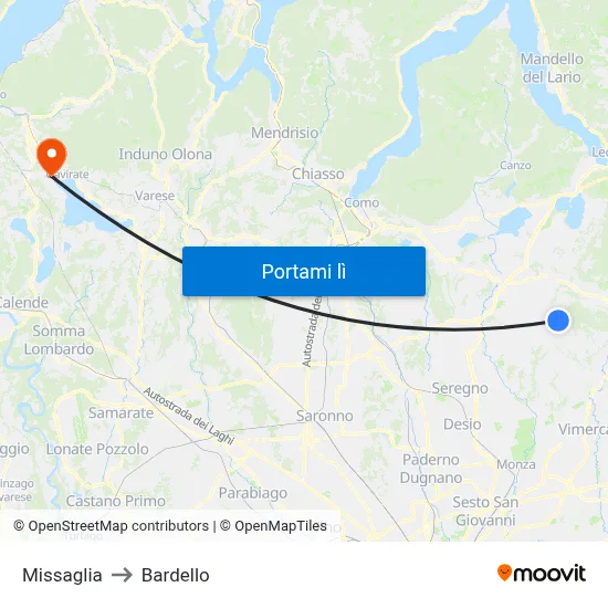 Missaglia to Bardello map
