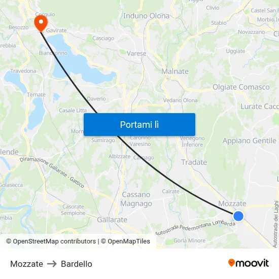 Mozzate to Bardello map