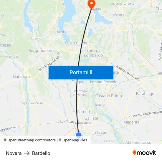 Novara to Bardello map