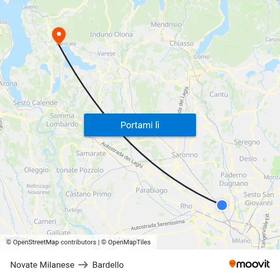 Novate Milanese to Bardello map