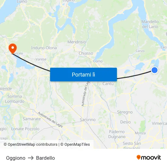 Oggiono to Bardello map