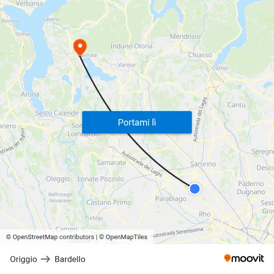 Origgio to Bardello map