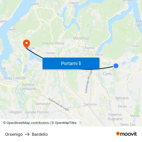 Orsenigo to Bardello map