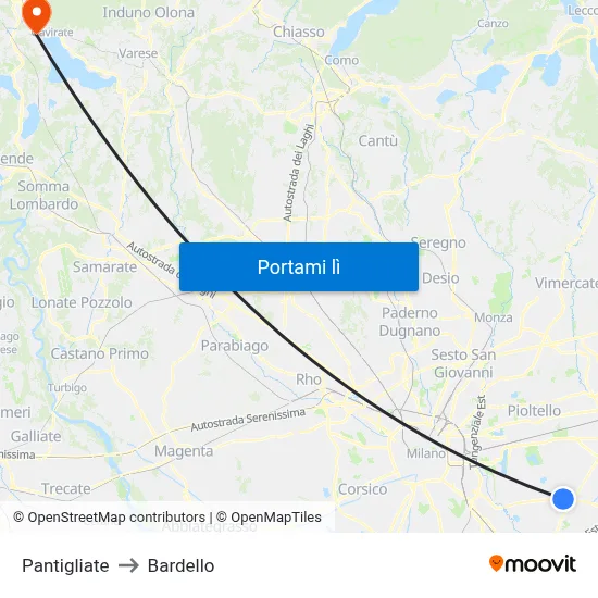 Pantigliate to Bardello map