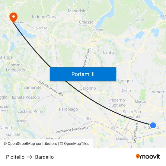 Pioltello to Bardello map