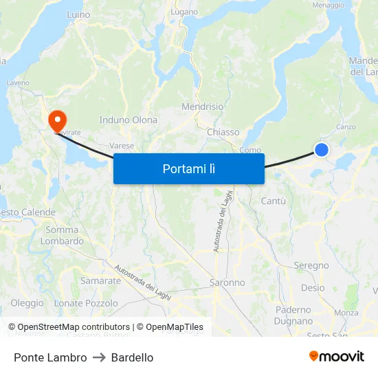 Ponte Lambro to Bardello map