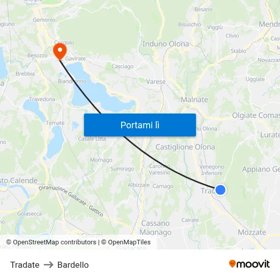 Tradate to Bardello map