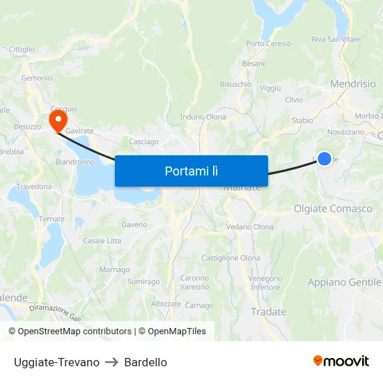 Uggiate-Trevano to Bardello map