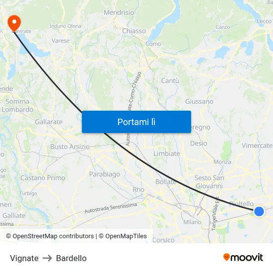 Vignate to Bardello map