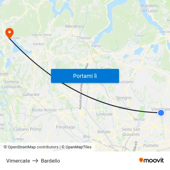 Vimercate to Bardello map
