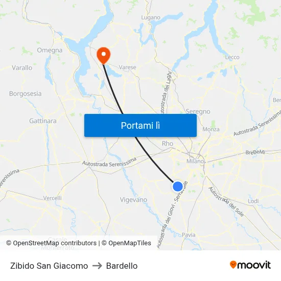 Zibido San Giacomo to Bardello map