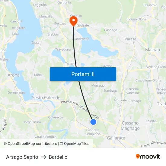 Arsago Seprio to Bardello map