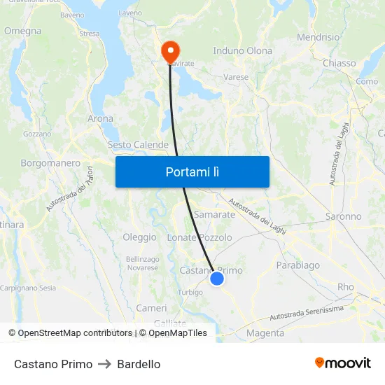 Castano Primo to Bardello map