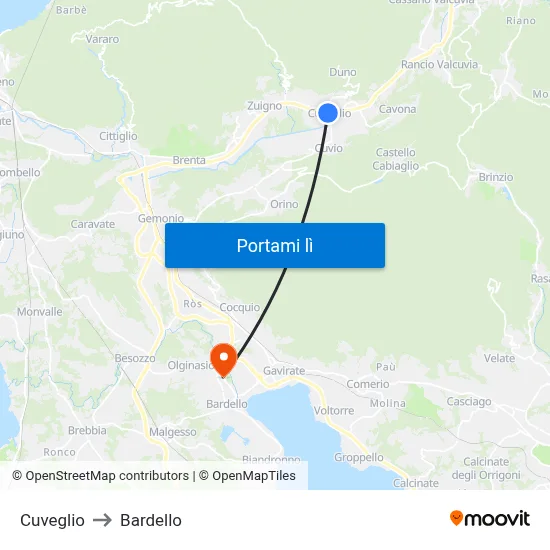 Cuveglio to Bardello map