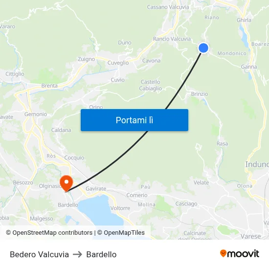 Bedero Valcuvia to Bardello map
